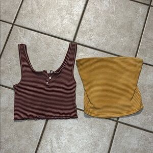 American Eagle Outfitters Striped Ribbed Crop Tops - Maroon & Mustard